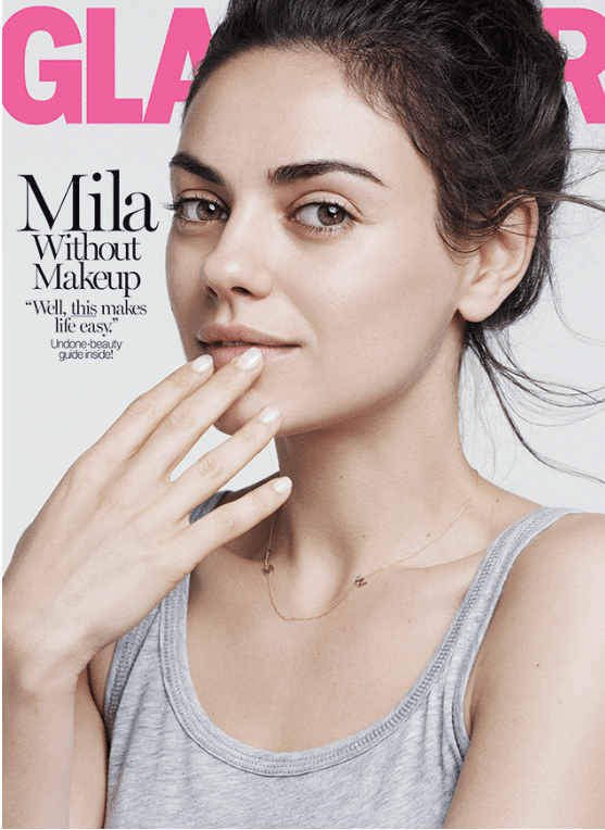 A mesma revista já tinha colocado Mila Kunis sem maquiagem na capa da edição de agosto. A atriz, de 33 anos, aparece apenas com um sérum, creme para os olhos e um hidratante labial. "Eu não uso maquiagem. Eu não lavo o cabelo todos os dias. Não é algo que eu associo a mim mesma", afirmou na edição. - Reprodução