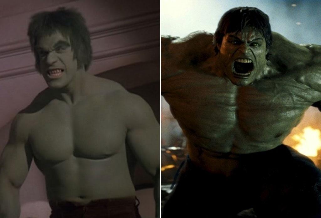 À esquerda, Lou Ferrigno em cena do seriado "O Incrível Hulk". À direita, cena do filme "O Incrível Hulk" (2008) - Divulgação