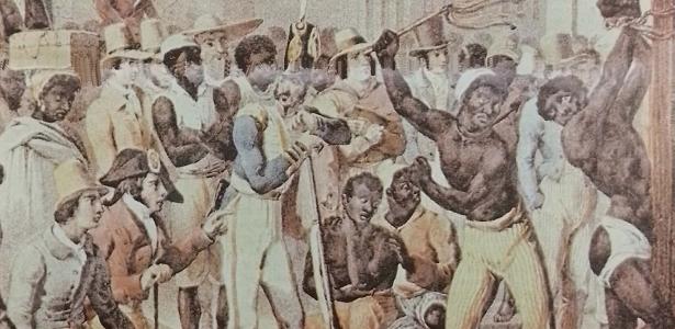 Obra de Jean-Baptiste Debret retrata homem negro sendo açoitado; castigos como este e a imposição da religião católica foram os estopins da maior insurreição escrava do Brasil, a Revolta dos Malês, promovida por negro nagô e muçulmanos