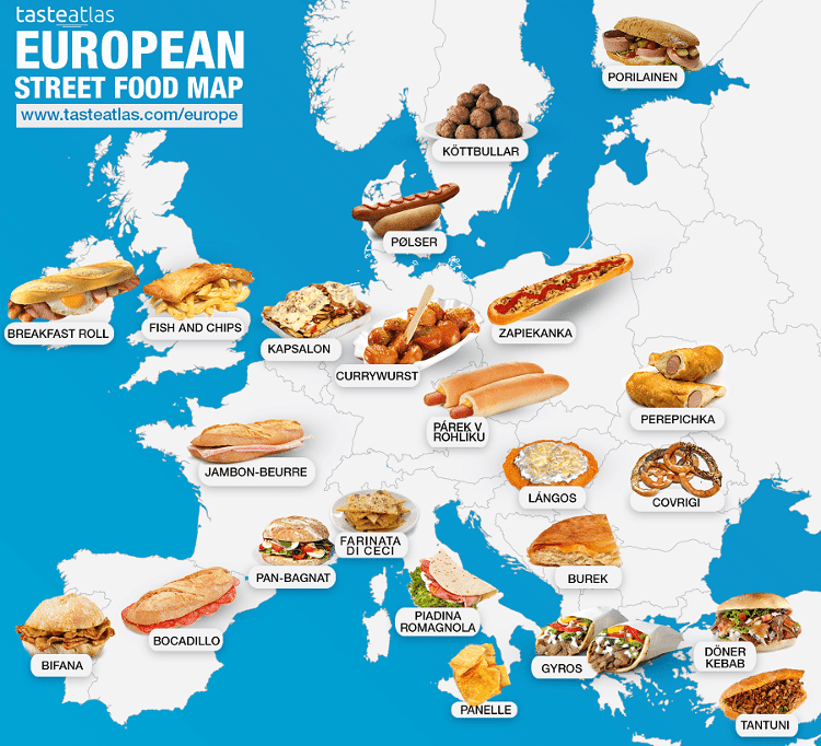 Mapa de comidas de rua da Europa, pelo TasteAtlas