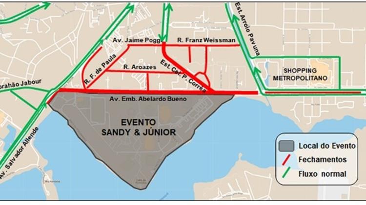 Mapa com as vias de acesso ao show de Sandy & Junior no Rio de Janeiro - Divulgação - Divulgação