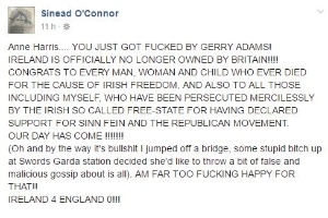 Post no Facebook em que a cantora irlandesa Sinead O'Connor desmente tentativa de suicídio - Reprodução/Facebook - Reprodução/Facebook