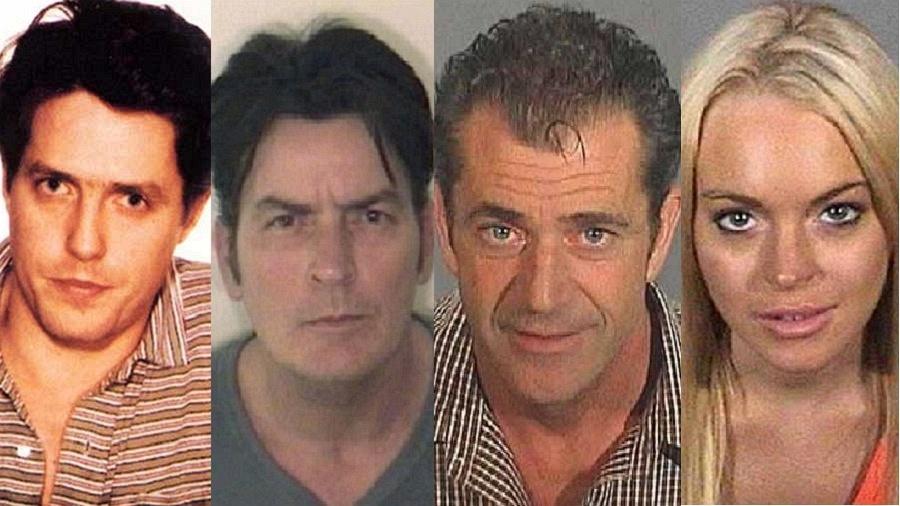 Hugh Grant, Charlie Sheen, Mel Gibson e Lindsay Lohan: todos já foram presos - Reprodução/Montagem