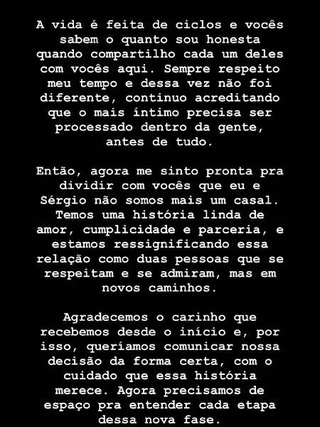 Iza postou um comunicado sobre a separação do marido, Sérgio Santos - Reprodução - Reprodução