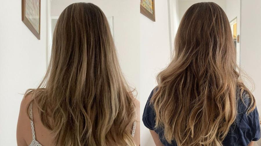 O cabelo de Rebecca após o uso do produto: luzes mais visíveis