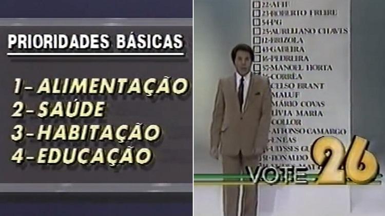 Silvio Santos apresenta propostas e ensina eleitores a votarem no 26 em campanha de 1989 - Montagem/Reprodução - Montagem/Reprodução