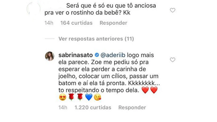 Sabrina explica a decisão de não mostrar o rosto de Zoe - Reprodução/Instagram - Reprodução/Instagram