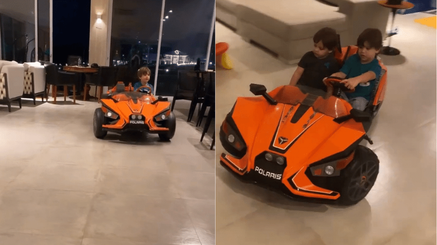 Gabriel e Samuel se divertiram em carro elétrico na sala da casa do pai, Gusttavo Lima - Reprodução/Instagram/@gusttavolima