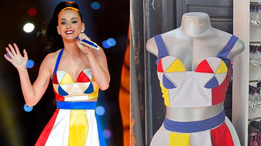 Top e saia originais da apresentação de Katy Perry no Super Bowl 2015 e as réplicas à venda no Saara, no Rio - Kevin Mazur/WireImage e Juliana Gonçalves/UOL