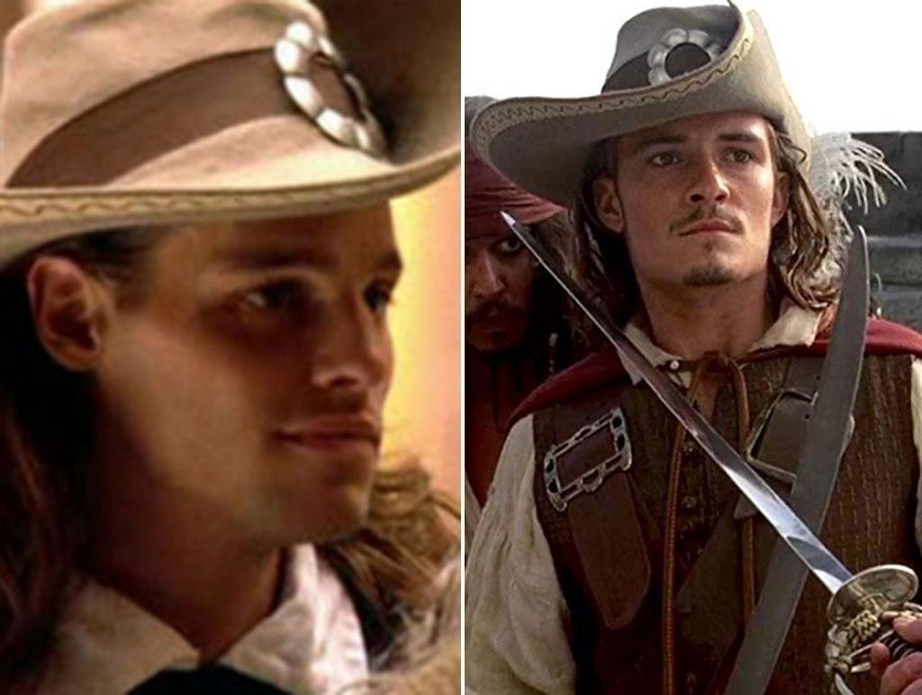 À esquerda, Justin Chambers em "A Vingança do Mosqueteiro" (2001). À direita, Orlando Bloom em "Piratas do Caribe: A Maldição do Pérola Negra" (2003) - Reprodução