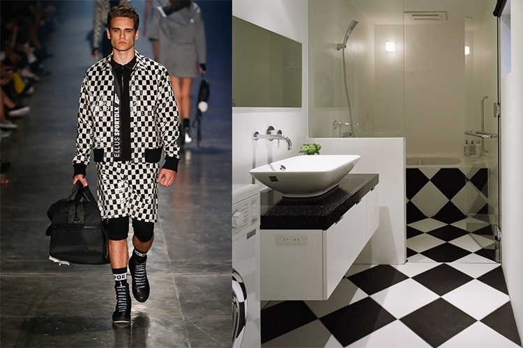 A estampa quadriculada em preto e branco da Ellus é um clássico da moda e também dos pisos de banheiro - Alexandre Schneider/UOL e Kai Nakamura/Divulgação