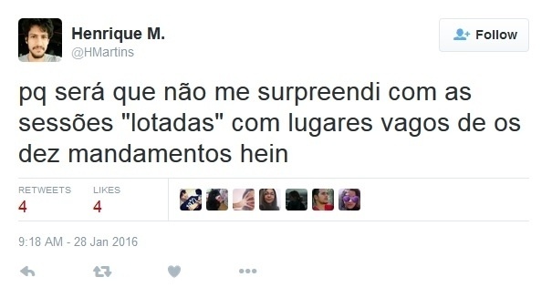 Internautas não perdoaram os assentos vazios em sessão de "Os Dez Mandamentos" - Reprodução/Twitter