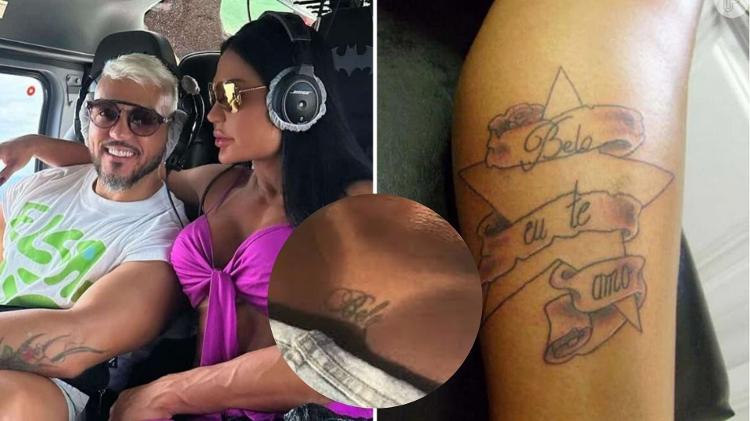 Gracyanne Barbosa fez duas tatuagens para Belo, enquanto o cantor homenageou ela com uma declaração no corpo