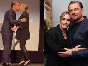 Leonardo DiCaprio e Kate Winslet trocam selinho 27 anos depois de 'Titanic'