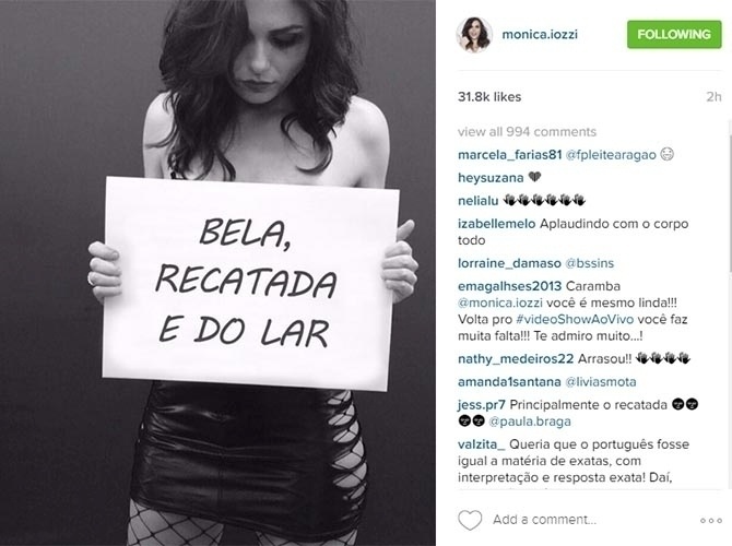 Monica Iozzi aderiu ao movimento "Bela, Recatada e do Lar", que ironiza a reportagem da revista "Veja" sobre o perfil de Marcela Temer, mulher do vice-presidente Michel Temer. - Reprodução/Instagram/monica.iozzi
