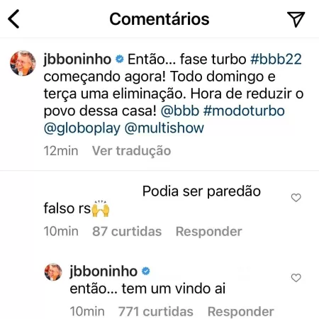 BBB 22: Boninho responde comentário de fã sobre paredão falso - Reprodução/Instagram - Reprodução/Instagram