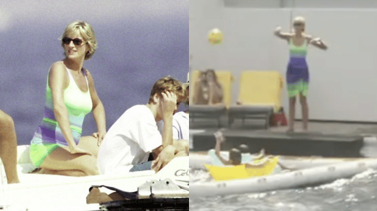 À esquerda, a princesa Diana a bordo do iate Jonikal durante suas últimas férias de verão, em agosto de 1997; à direita, cena de The Crown