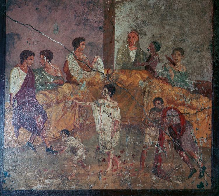 Um banquete romano em Pompeia, em retrato que hoje está no Museu Arqueológico Nacional de Nápoles Um banquete romano em Pompeia, em retrato que hoje está no Museu Arqueológico Nacional de Nápoles