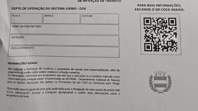 Rodapé tinha aviso da ação publicitária, mas resto da multa usou o nome do Detran