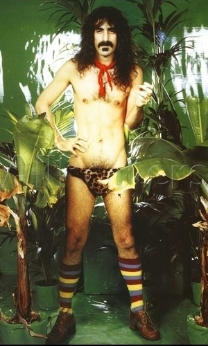 O músico Frank Zappa (1940-1993), tão fissurado que chegou a mandar confeccionar um saiote só com calcinhas presentadas por fãs, posa para foto vestindo uma tanga de oncinha