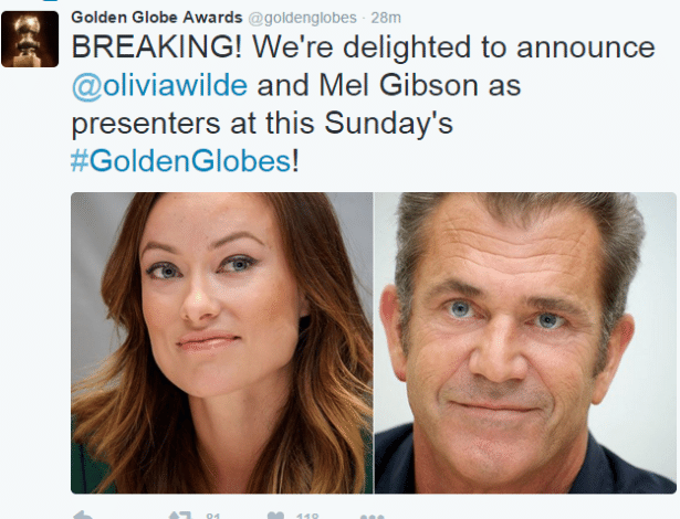 Olivia Wilde e Mel Gibson apresentarão prêmios na cerimônia do Globo de Ouro 2016 - Reprodução/Twitter