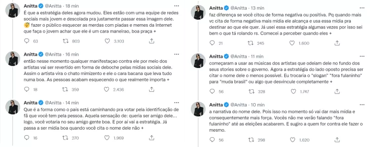 Anitta explica por que parou de citar o nome de Bolsonaro, e diz ter entendido a estratégia da campanha do presidente - Reprodução/Twitter - Reprodução/Twitter