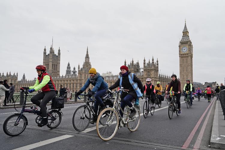 People cycle over Westminster Bridge as they take part in a protest, organised by the London Cycling Campaign, calling for safe cycling for women in London. Picture date: Sunday March 5, 2023. (Photo by Jordan Pettitt/PA Images via Getty Images) - Jordan Pettitt - PA Images/PA Images via Getty Images - Jordan Pettitt - PA Images/PA Images via Getty Images