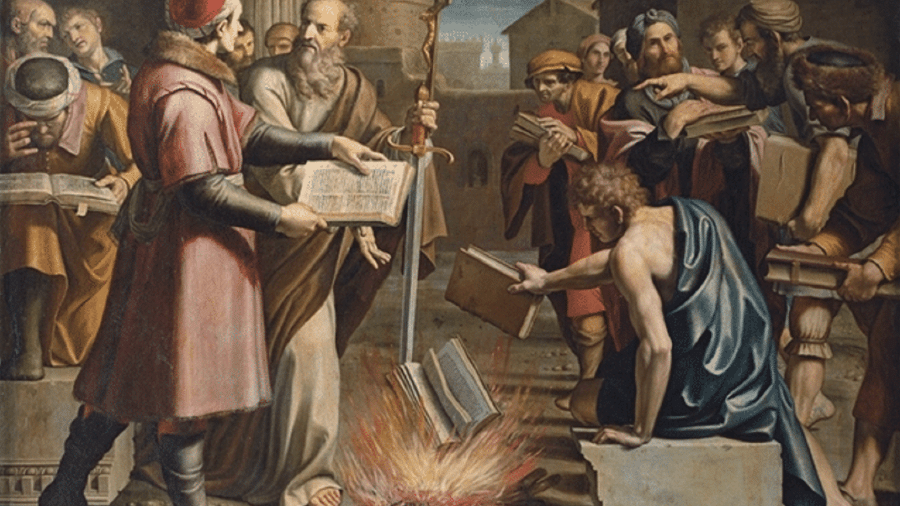 Pintura de Lucio Massari retrata queima de livros. - Reprodução
