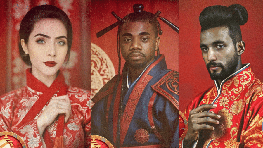 Jade Picon, Davi Brito e Matteus Amaral em imagens criadas por IA para a novela "Pé de Chinesa" - Reprodução/ X 