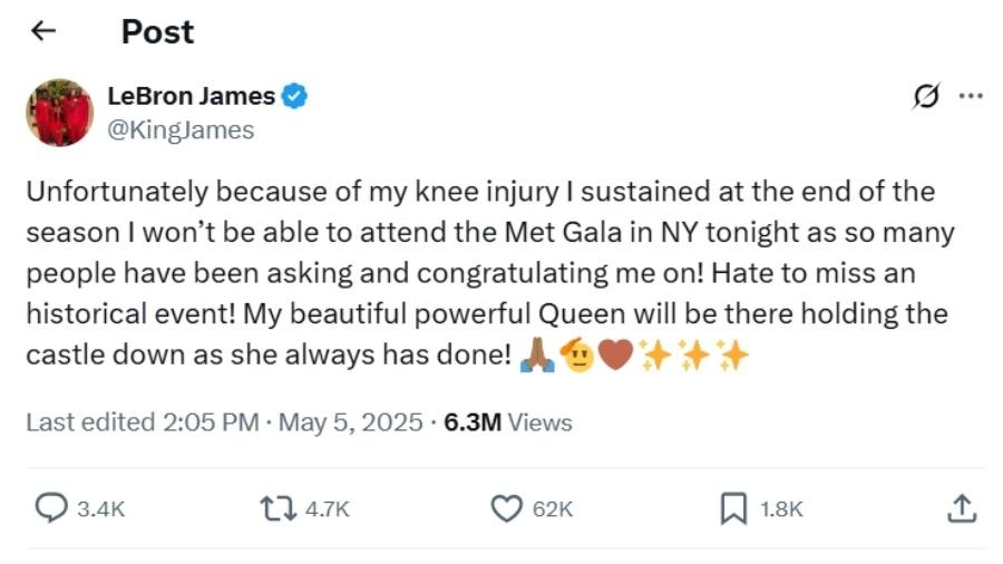 LeBron James explica motivo para não comparecer no MET Gala 2025