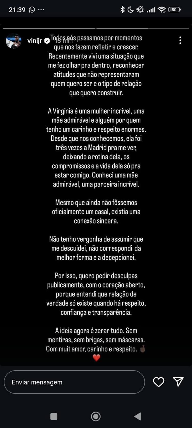Vini Jr. compartilhou pronunciamento após rompimento com Virginia Fonseca Vini Jr. compartilhou pronunciamento após rompimento com Virginia Fonseca