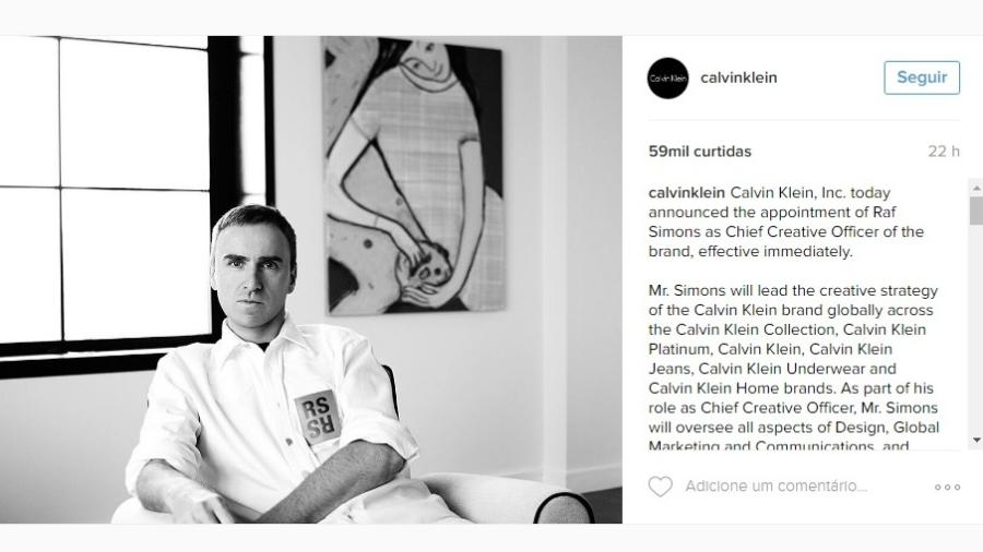 Anúncio da Calvin Klein sobre Raf Simons como novo diretor criativo - Reprodução/Instagram