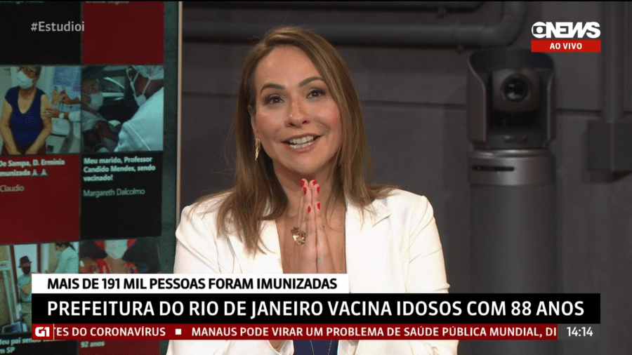 Maria Beltrão no "Estúdio i", revelando que mãe toma vacina depois de amanhã - Reprodução/Globo