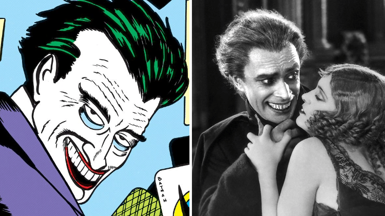 O personagem Coringa em quadrinhos da década de 40 e cena do filme O Homem Que Ri - Reprodução/Montagem - Reprodução/Montagem