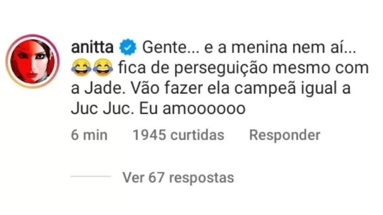 BBB 22: Anitta defende Jade - Reprodução/ Instagram - Reprodução/ Instagram