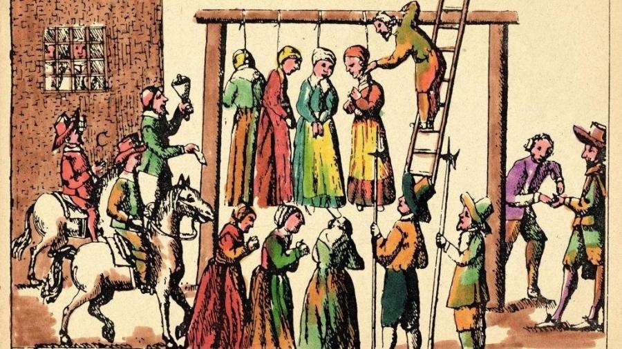 Execução por enforcamento de quatro bruxas na Escócia, em gravura de George Mackenzie, de 1678 - Getty Images