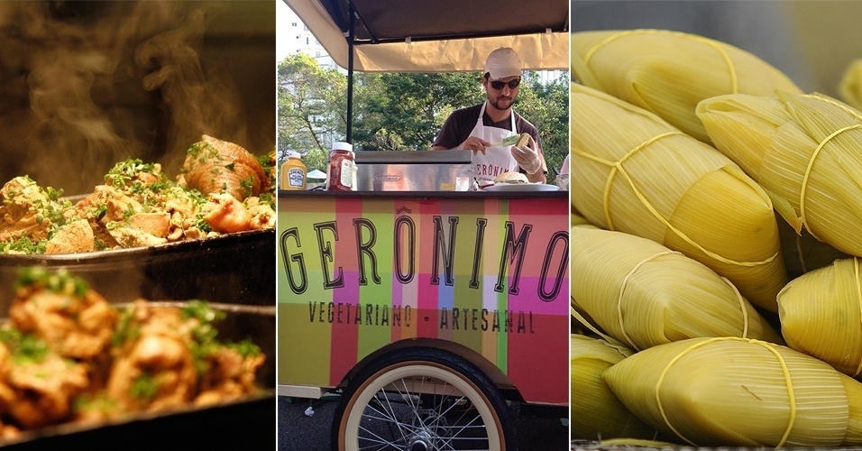O cardápio oferecido na Virada varia de galinhada a quitutes juninos, receitas portuguesas e comidas de bike foods. Para quem quiser matar a fome entre os shows, haverá concentração em dez lugares: praça Roosevelt (Galinhódromo), praça da República (Arraial da Inezita Barroso), Pátio Do Colégio (Feirinha Gastronômica), largo São Francisco (Chefs Na Rua), Luz (bike foods), largo da Batata (Batata Quente), Copan (Porcada), Arouche (comida de rua), Ibirapuera (Experimenta Portugal) e av. Paulista (food trucks) - Montagem/Divulgação