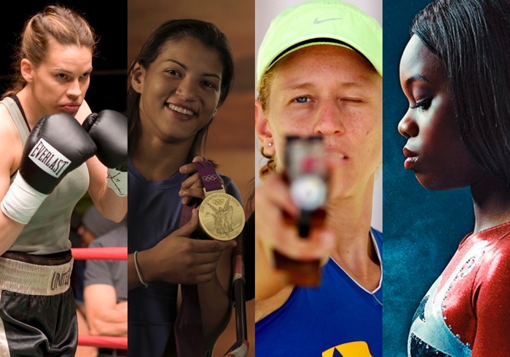 Montagem com cenas dos filmes "Menina de Ouro" (2004), "Mulheres Olímpicas" (2015), "5X Yane (2014)" e "Gabby Douglas" (2014) - Montagem