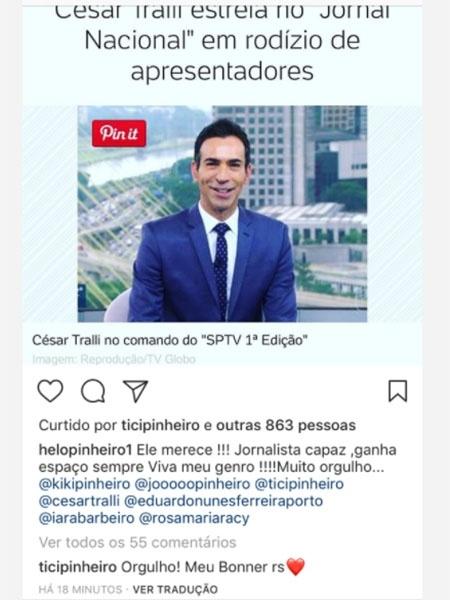 Ticiane Pinheiro comemora escalação de César Tralli na bancada do "Jornal Nacional" - Reprodução/Instagram  - Reprodução/Instagram 