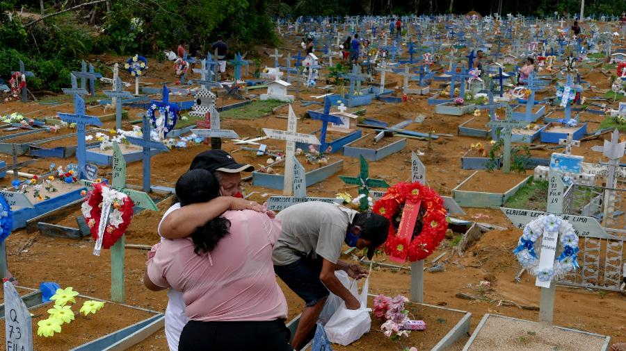 Familiares visitam parentes, pela primeira vez, no Cemitério Nossa Senhora Aparecida, em Manaus, na manhã do Dia de Finados, para prestar homenagens para os parentes que faleceram por causa de complicações da covid-19. - Sandro Pereira/Folhapress