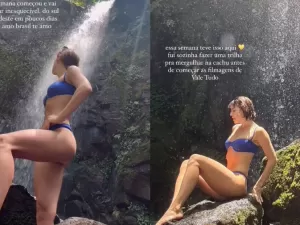 Alice Wegmann curte cachoeira em meio às filmagens de 'Vale Tudo'