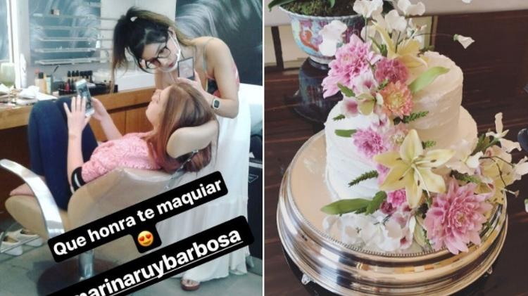 Marina Ruy Barbosa se maquiando antes da cerimônia e seu bolo de casamento - Reprodução/Instagram - Reprodução/Instagram