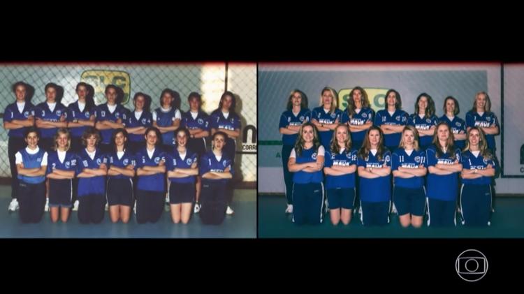 Gisele Bündchen refaz pose com time de vôlei do qual foi capitã na adolescência - Reprodução/TV Globo - Reprodução/TV Globo