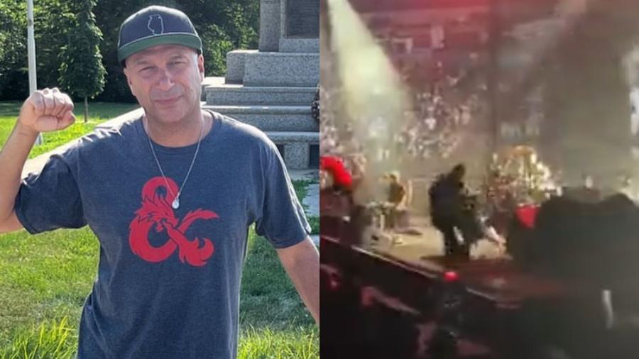 O guitarrista Tom Morello foi atingido por um segurança durante um show em Toronto (Canadá) - Reprodução/Twitter/Instagram