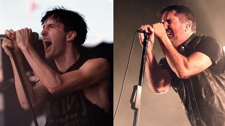 Trent Reznor com o Nine Inch Nails no Lollapalooza 1991 e em show em 2022