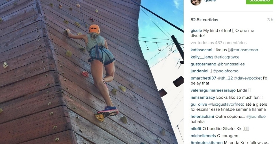 6.jul. 2015 - Na tarde desta segunda-feira (6), Gisele Bündchen publicou uma foto no Instagram em que aparece toda equipada fazendo uma escalada 