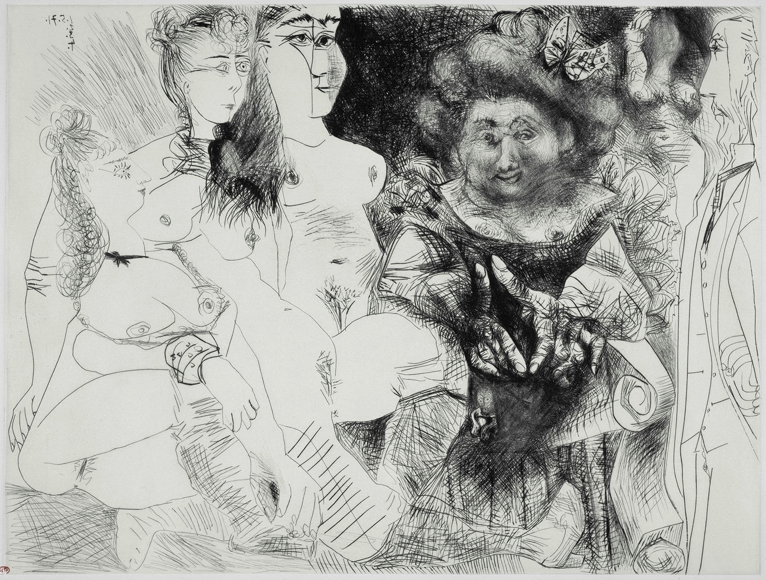 La Patronne faiseuse d?anges, avec trois filles. Degas aux mains dans le dos, Mougins, 1971, Pablo Picasso. Musée national Picasso-Paris - RMN-Grand Palais (Musée national Picasso-Paris) / Hatala Béatrice  © Succession Picasso, 2015 © Succession Pablo Picasso / AUTVIS, Brasil, 2016