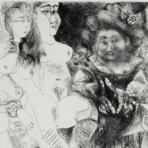 La Patronne faiseuse d?anges, avec trois filles. Degas aux mains dans le dos, Mougins, 1971, Pablo Picasso. Musée national Picasso-Paris - RMN-Grand Palais (Musée national Picasso-Paris) / Hatala Béatrice  © Succession Picasso, 2015 © Succession Pablo Picasso / AUTVIS, Brasil, 2016