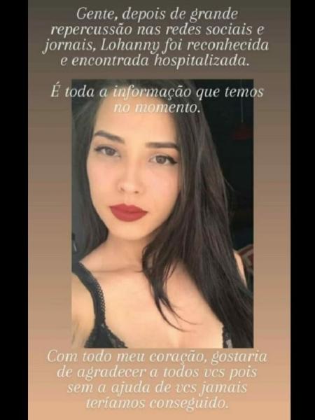 A tia da modelo anunciou nas redes que a modelo e atriz Lohany Façanha Martins foi encontrada - Reprodução/Facebook - Reprodução/Facebook