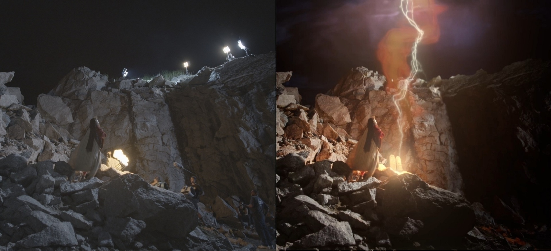 A subida de Moisés (Guilherme Winter) ao monte Sinai em "Os Dez Mandamentos" foi gravada em uma montanha no Rio de Janeiro. A iluminação e a equipe que aparecem na imagem original foram retirados pela produtora Casablanca, que inseriu um relâmpago para mostrar Deus escrevendo os mandamentos na tábua - Montagem/Divulgação/TV Record